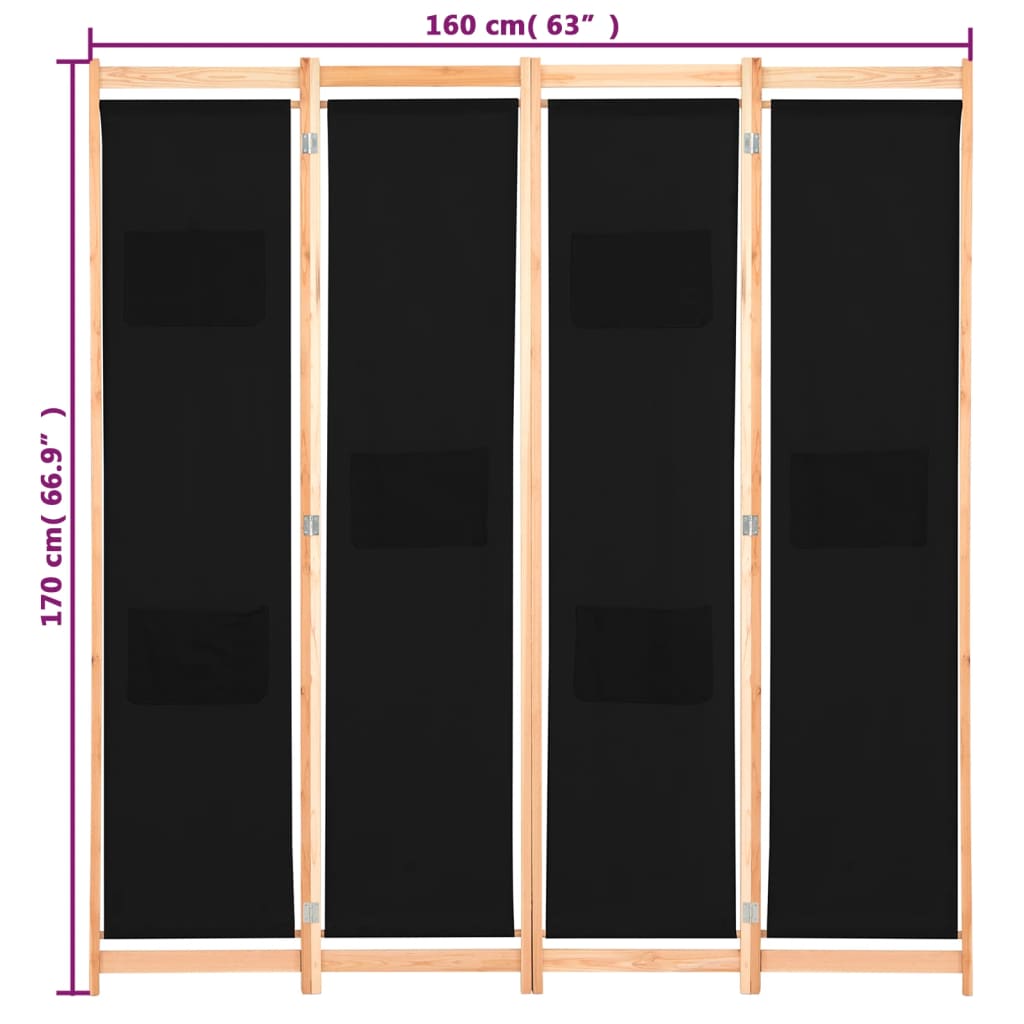 4-Panel Room Divider Black 160x170x4 cm Fabric