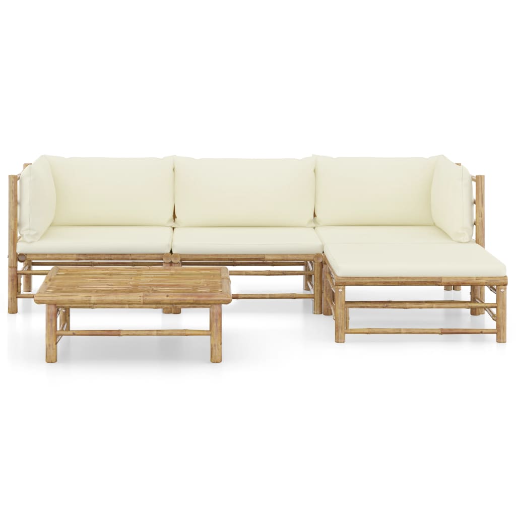 5 Piece Garden Lounge Set with Cream White Cushions Bamboo
