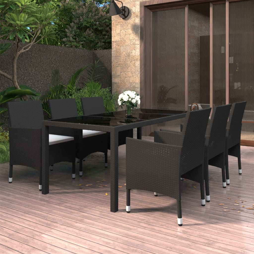 7 Piece Garden Dining Set Poly Rattan and Tempered Glass Black