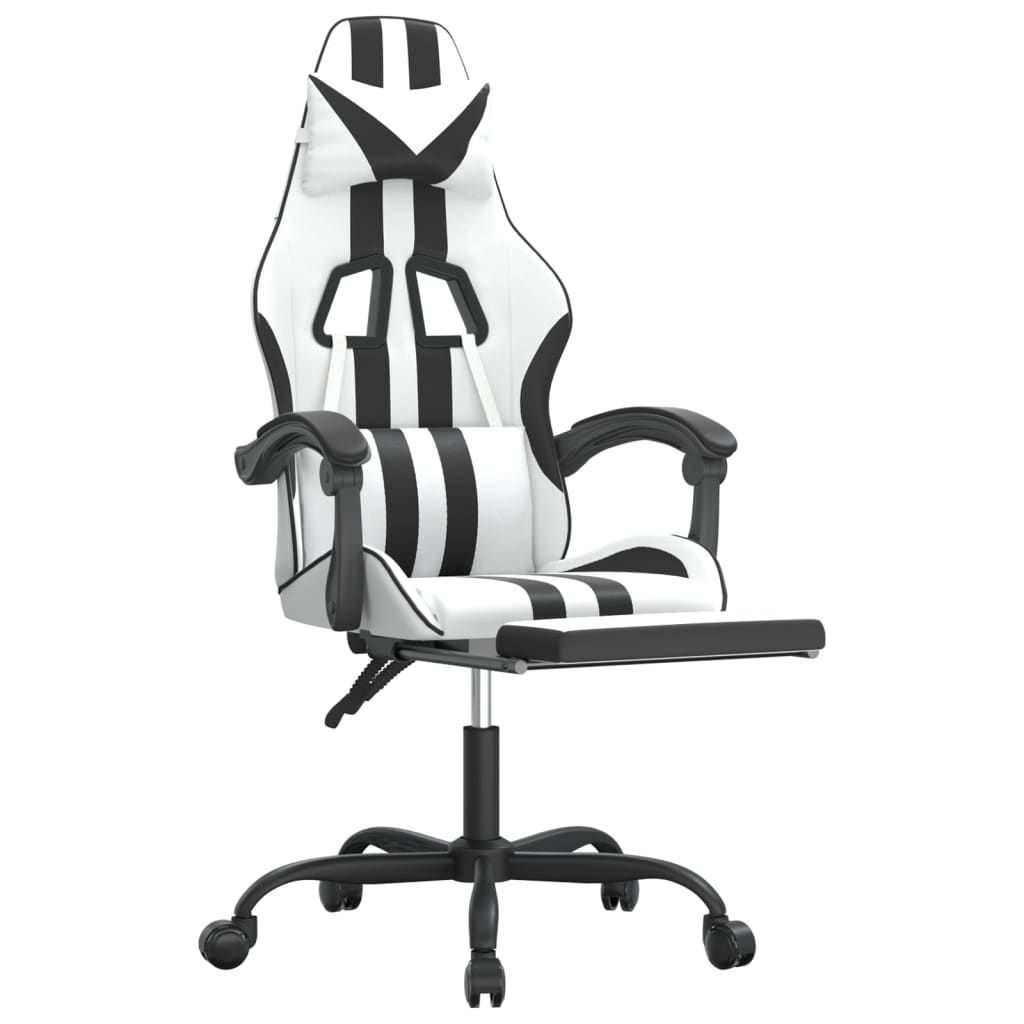 Swivel Gaming Chair with Footrest White&Black Faux Leather