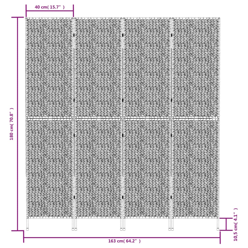 Room Divider 4-Panel Black 163x180 cm Water Hyacinth