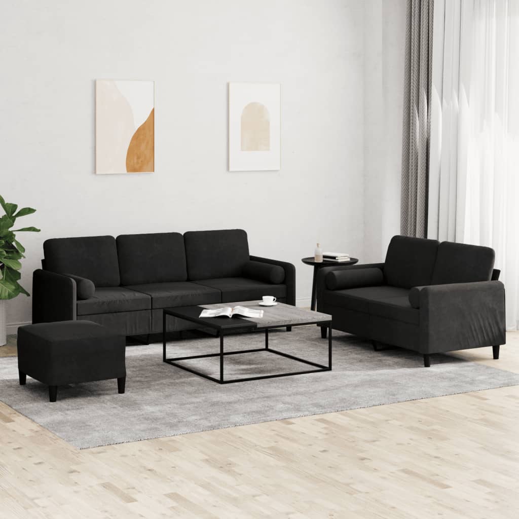 3 Piece Sofa Set with Pillows Black Velvet