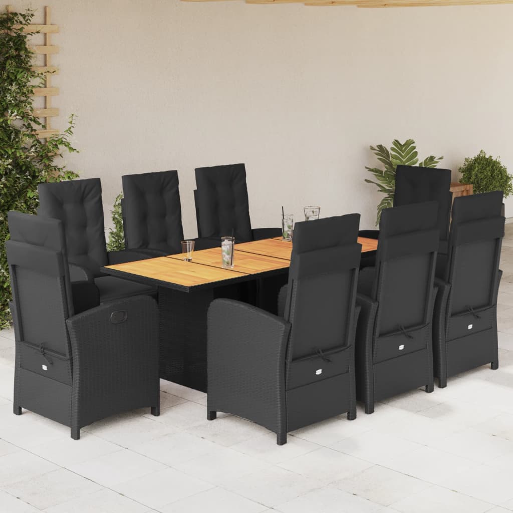 9 Piece Garden Dining Set with Cushions Black Poly Rattan