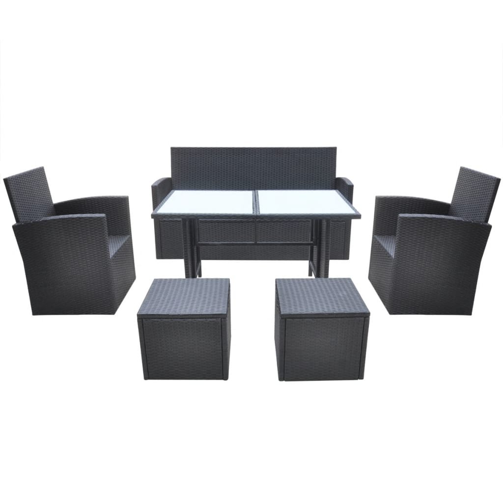 6 Piece Outdoor Dining Set with Cushions Poly Rattan Black