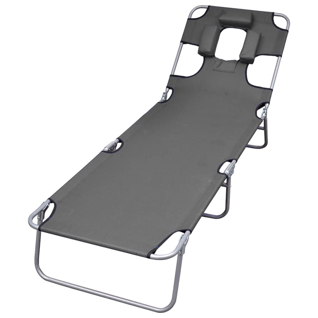 Folding Sun Lounger With Head Cushion Powder-Coated Steel