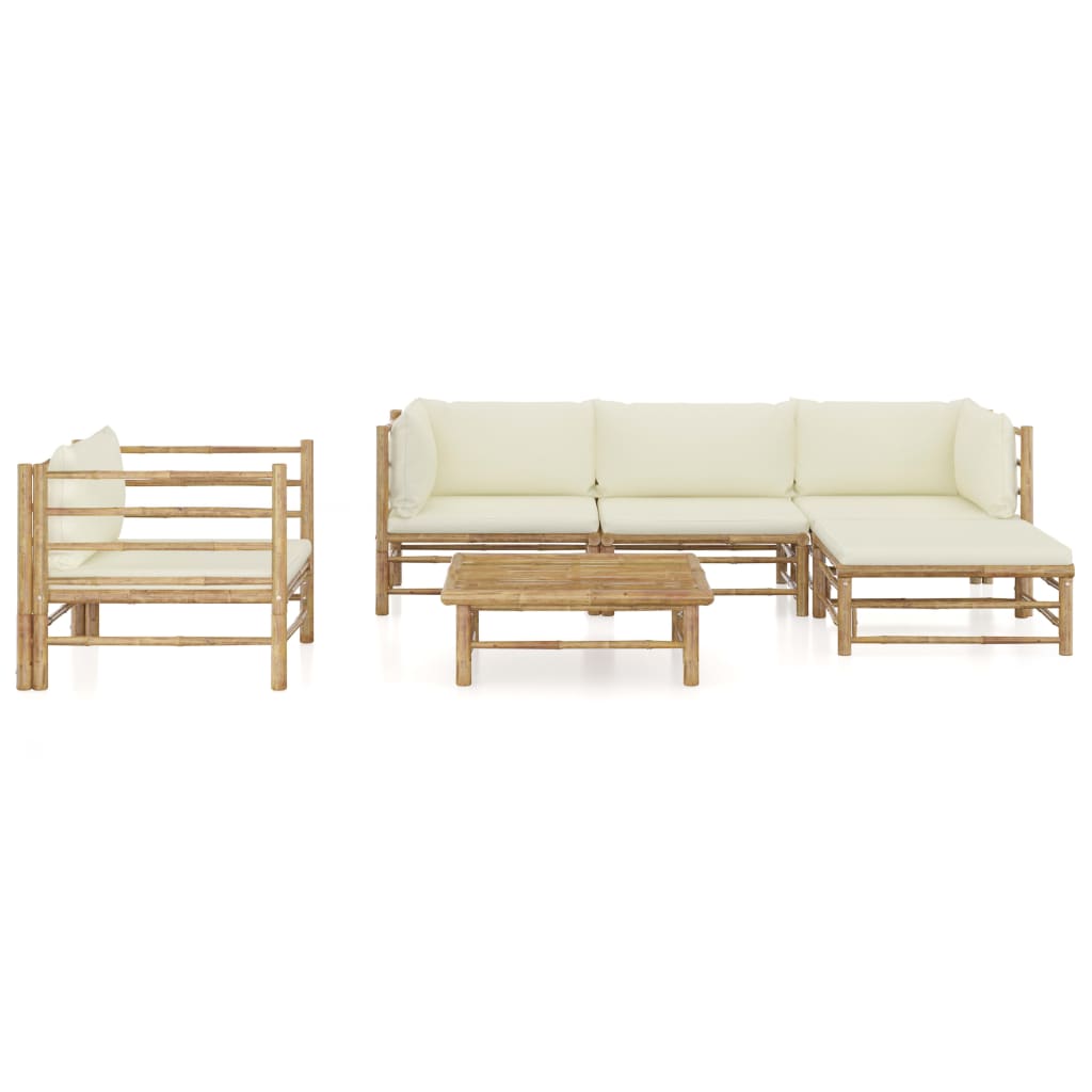 6 Piece Garden Lounge Set with Cream White Cushions Bamboo