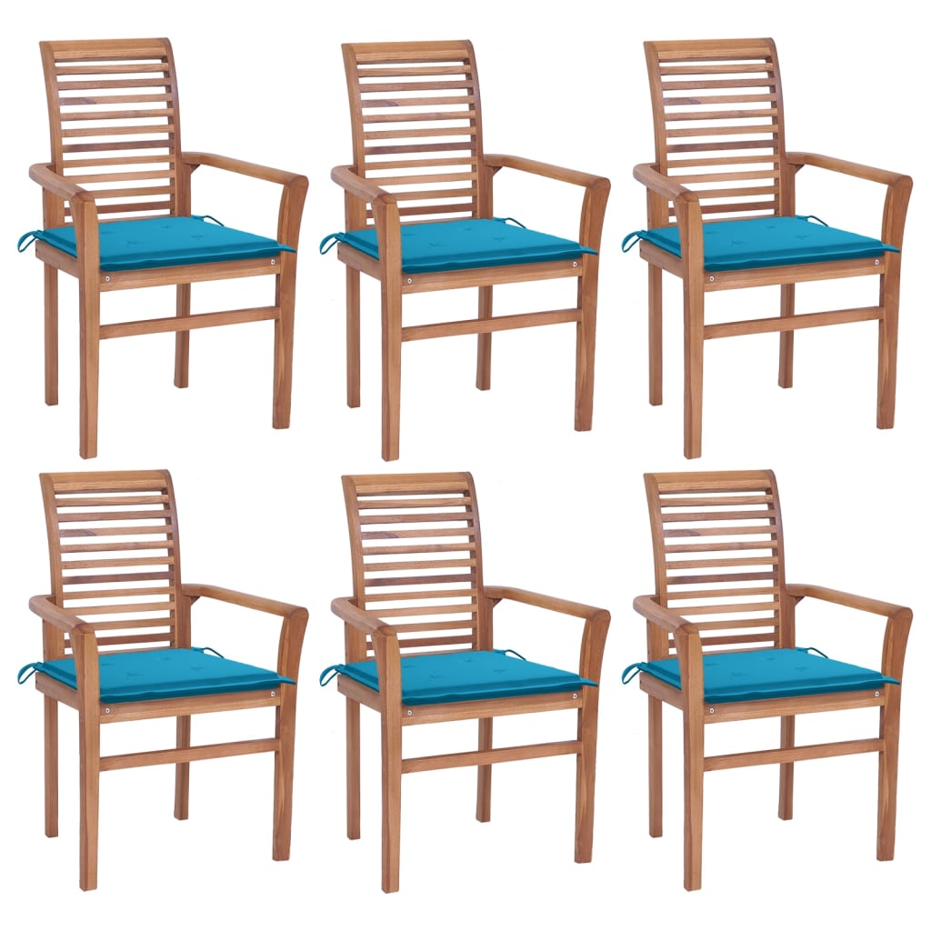 Dining Chairs 6 pcs with Blue Cushions Solid Teak Wood