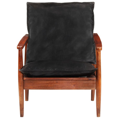 Armchair Black Real Leather And Solid Wood Acacia