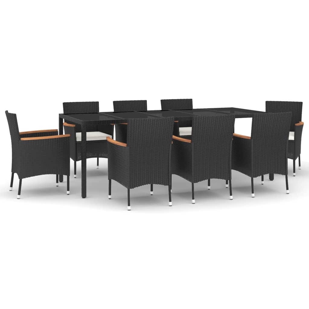 9 Piece Garden Dining Set With Cushions Black Poly Rattan