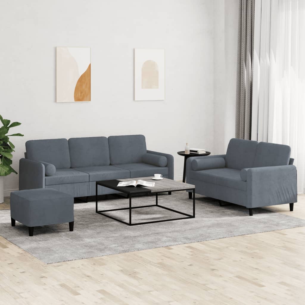 3 Piece Sofa Set with Pillows Dark Grey Velvet
