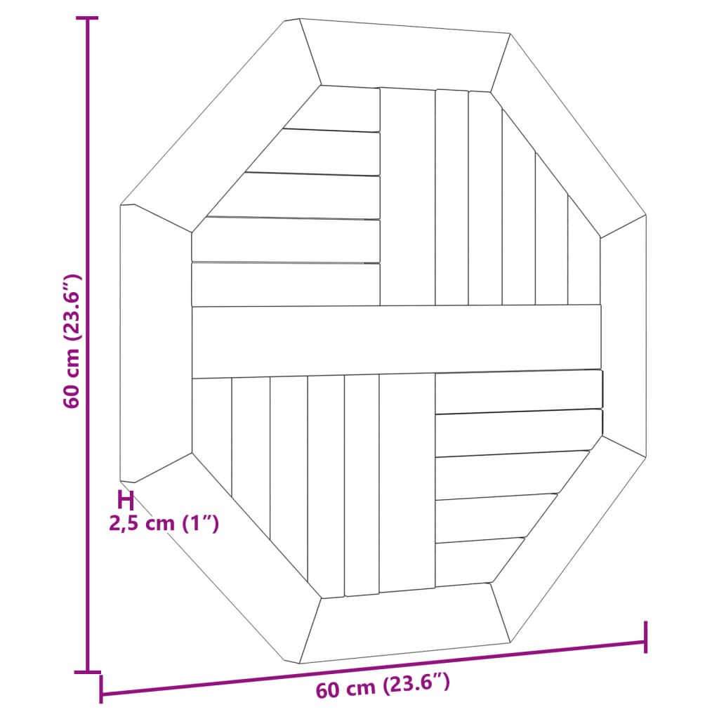 Table Top 60x60x2.5 cm Octagonal Solid Wood Teak