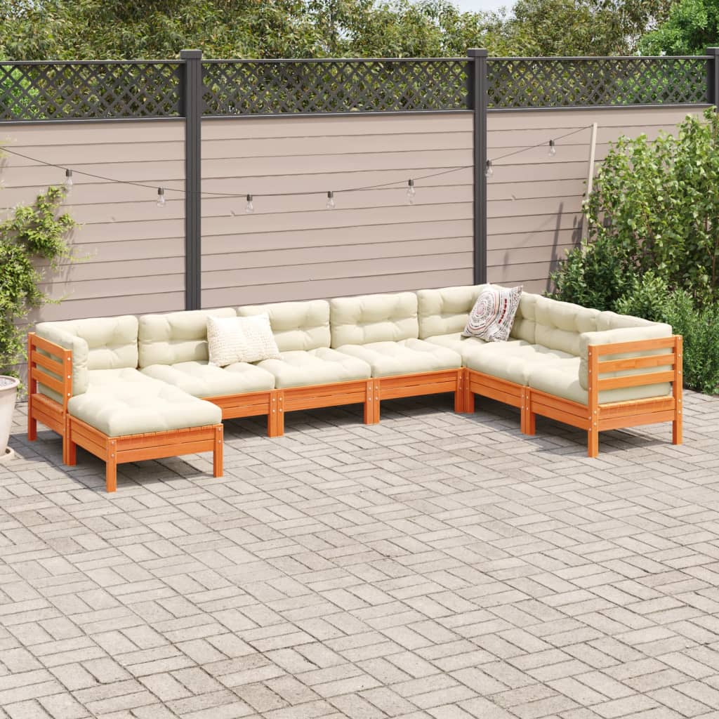 8 Piece Garden Sofa Set with Cushions Wax Brown Solid Wood Pine
