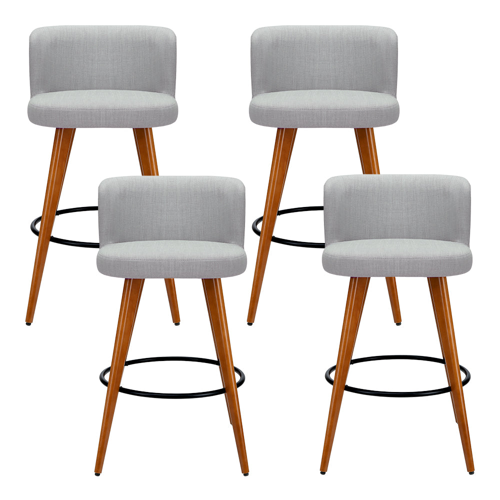 Set of 4 Wooden Fabric Bar Stools Circular Footrest - Light Grey
