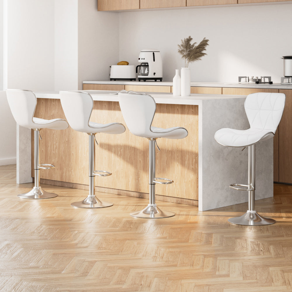 Set of 4 PU Leather Patterned Bar Stools - White and Chrome