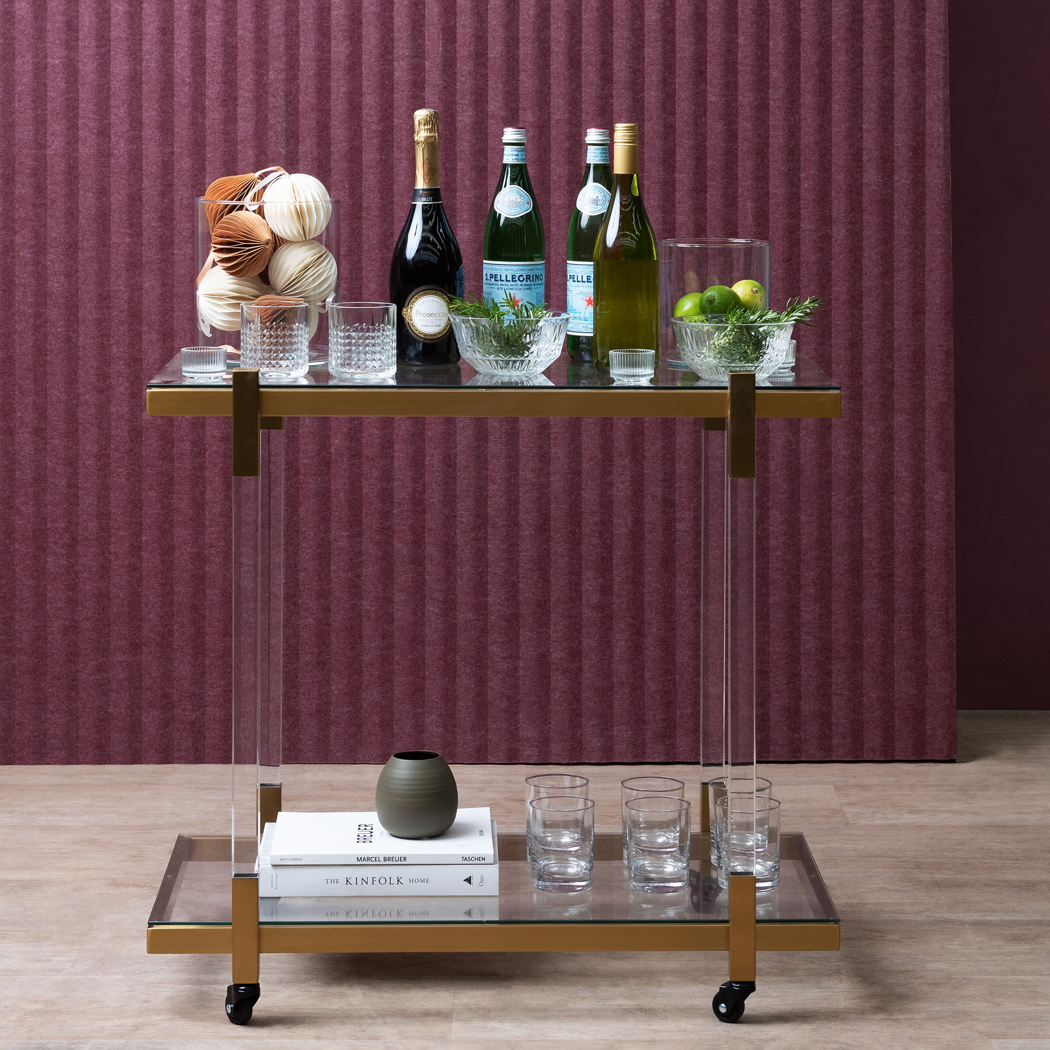 Myron Glass Bar Cart - Brushed Gold