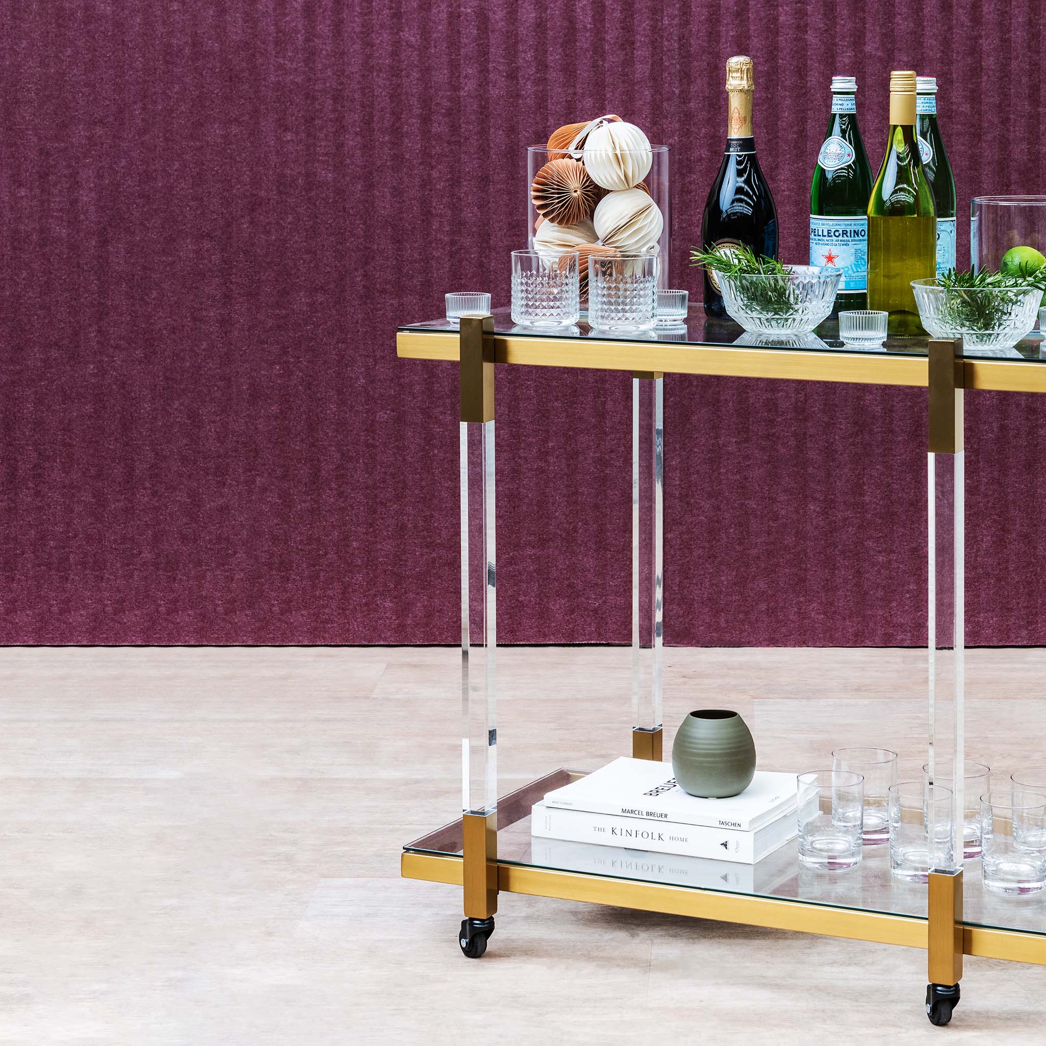 Myron Glass Bar Cart - Brushed Gold