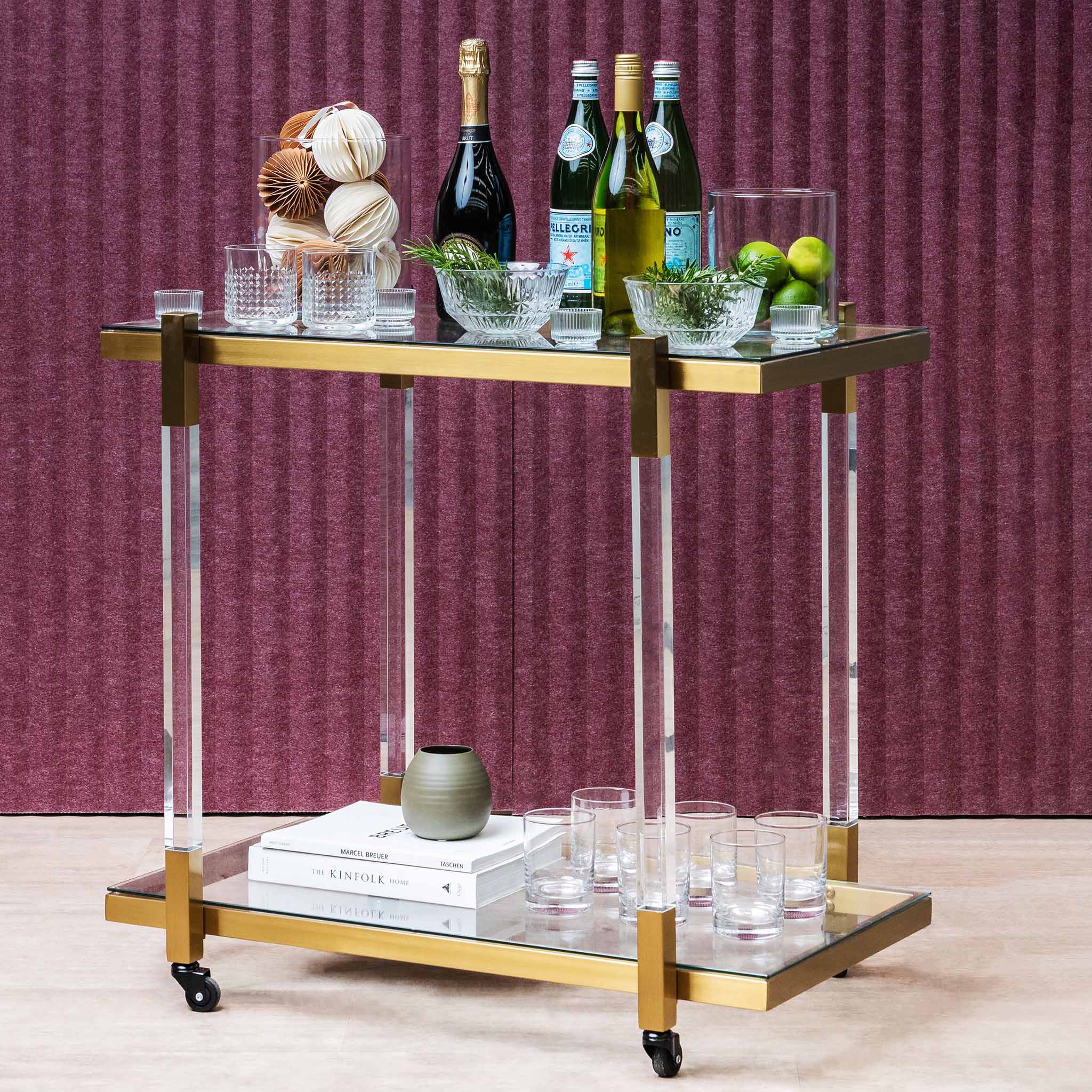 Myron Glass Bar Cart - Brushed Gold