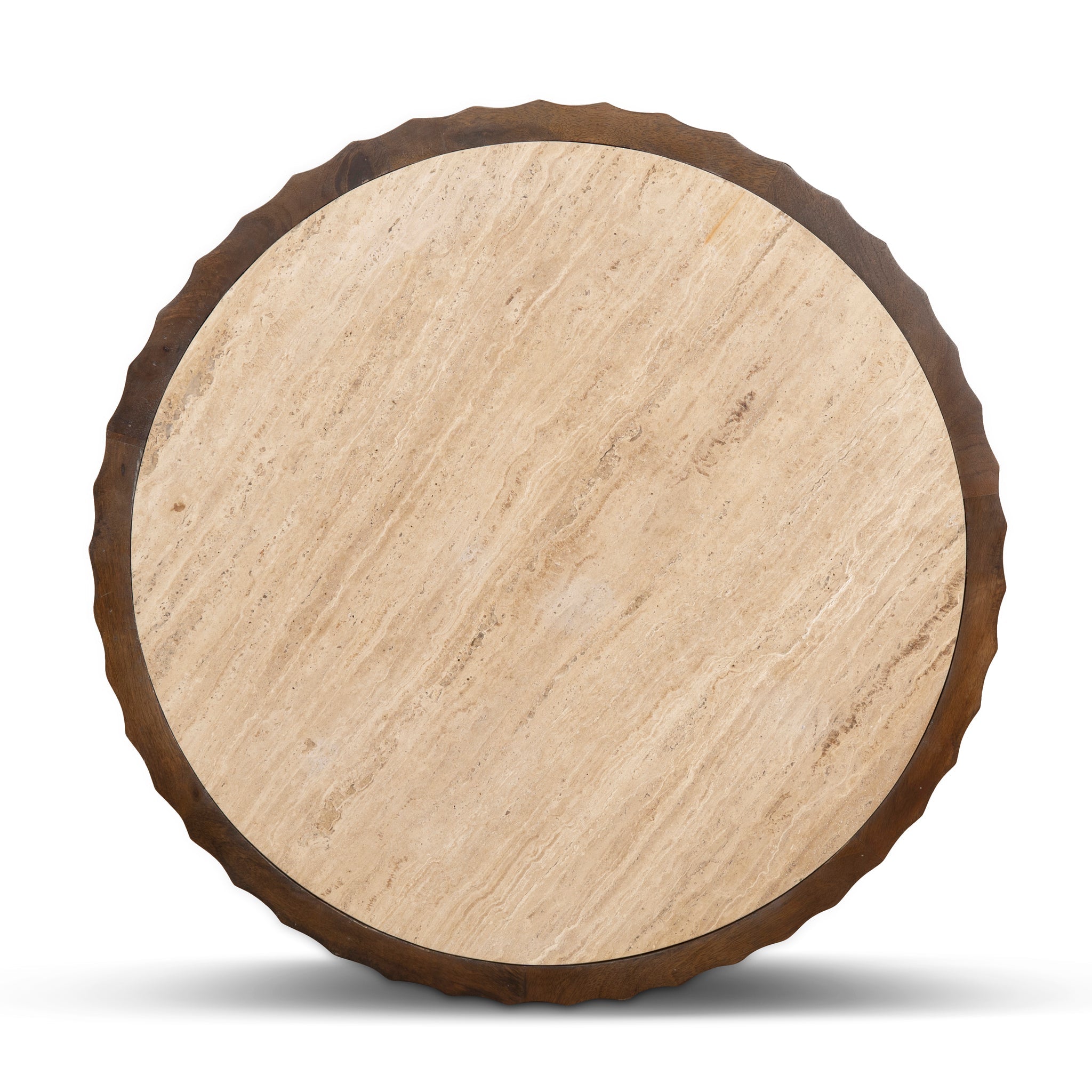 89cm Travertine Top Round Coffee Table - Walnut