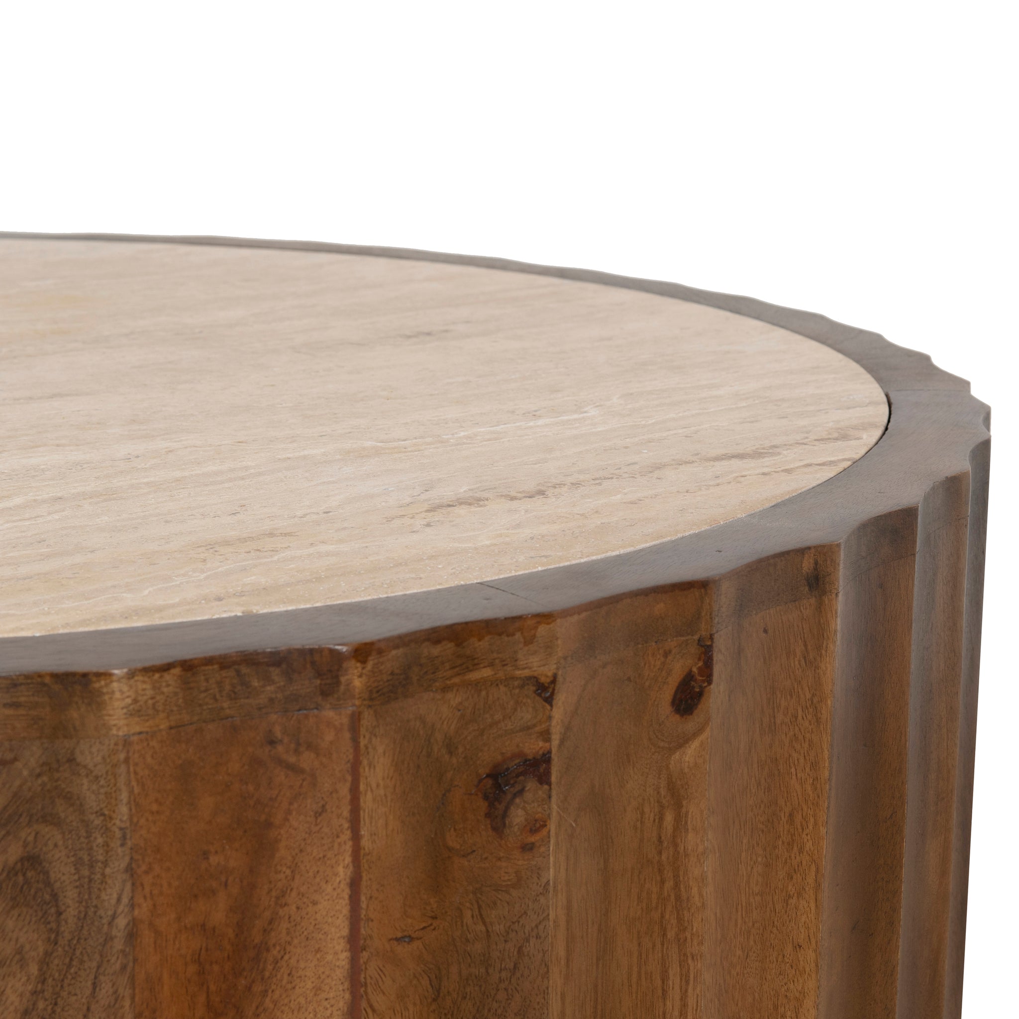 89cm Travertine Top Round Coffee Table - Walnut