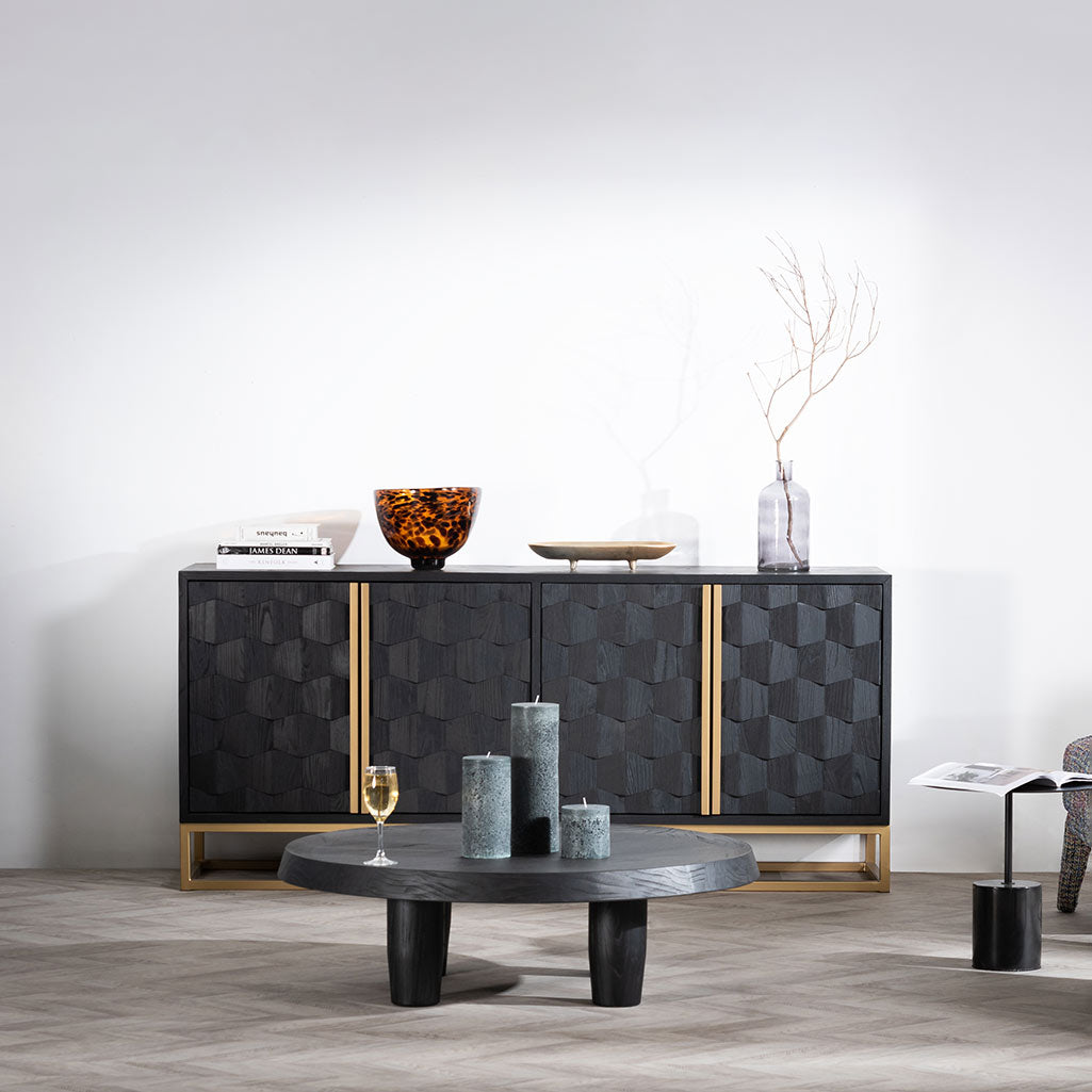 1.78m Sideboard - Black Wood with Gold Handle