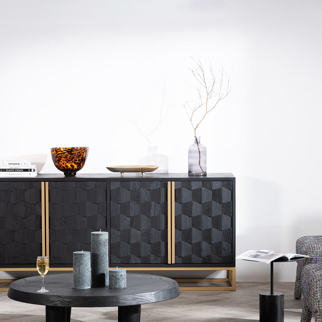 1.78m Sideboard - Black Wood with Gold Handle