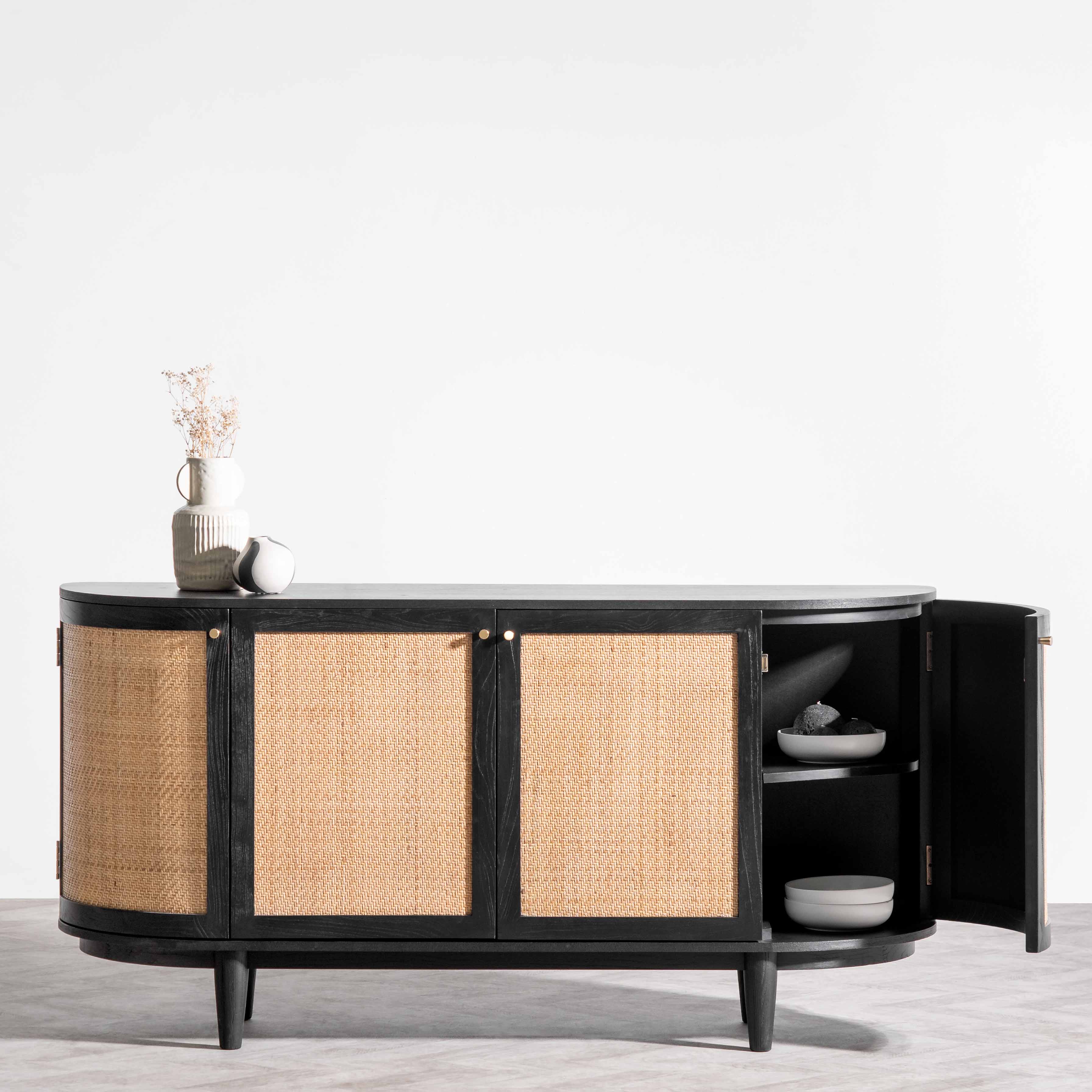 1.7m Black Elm Sideboard - Rattan Doors