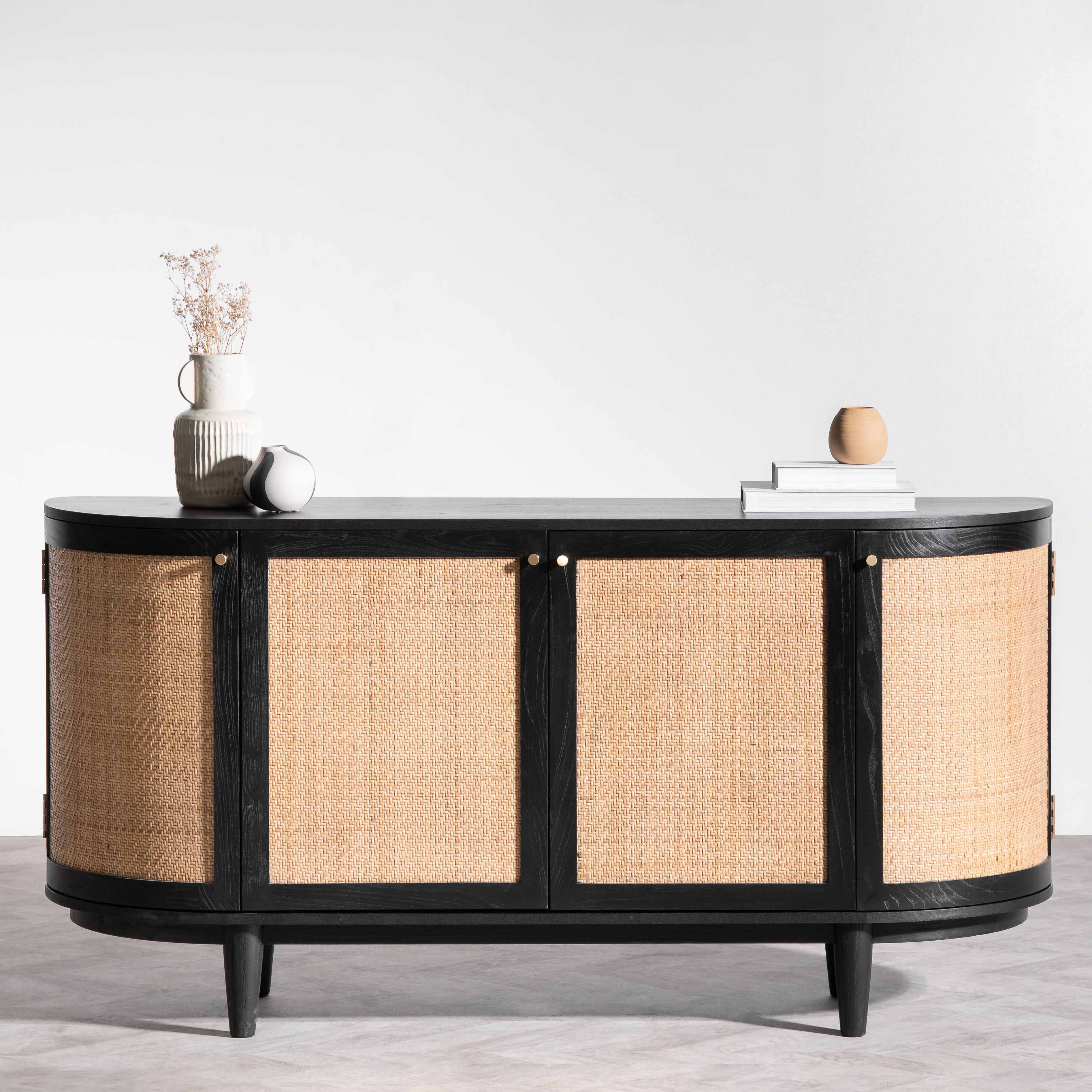 1.7m Black Elm Sideboard - Rattan Doors