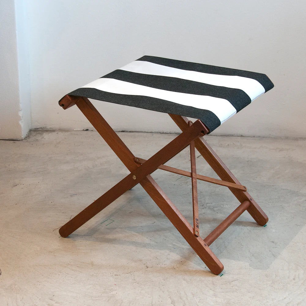 Folding Stool Hardwood Synthetic Block Stripe Charcoal White