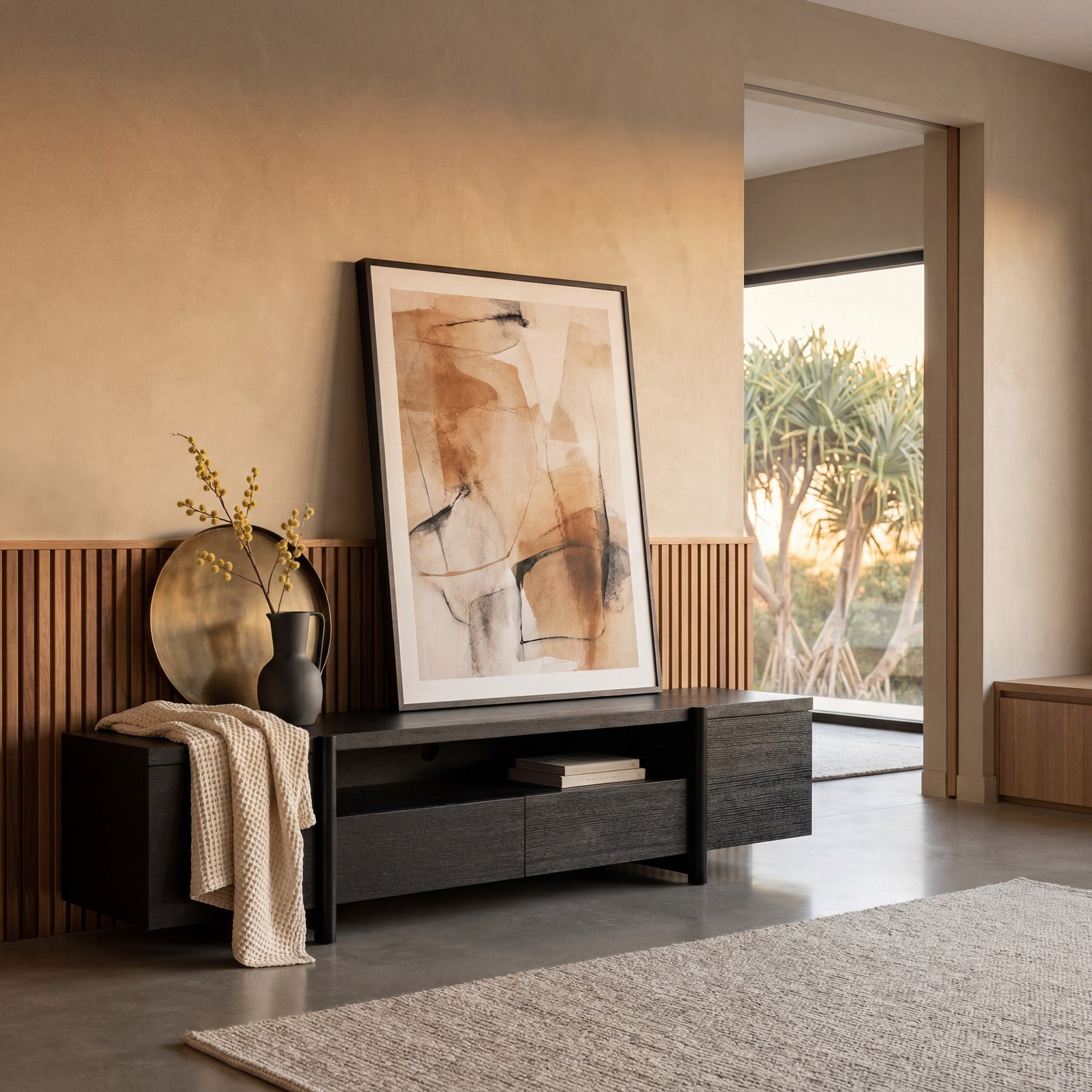 CTV2611-BB Lowline 2.1m Entertainment TV Unit - Black Oak - Timber Legs