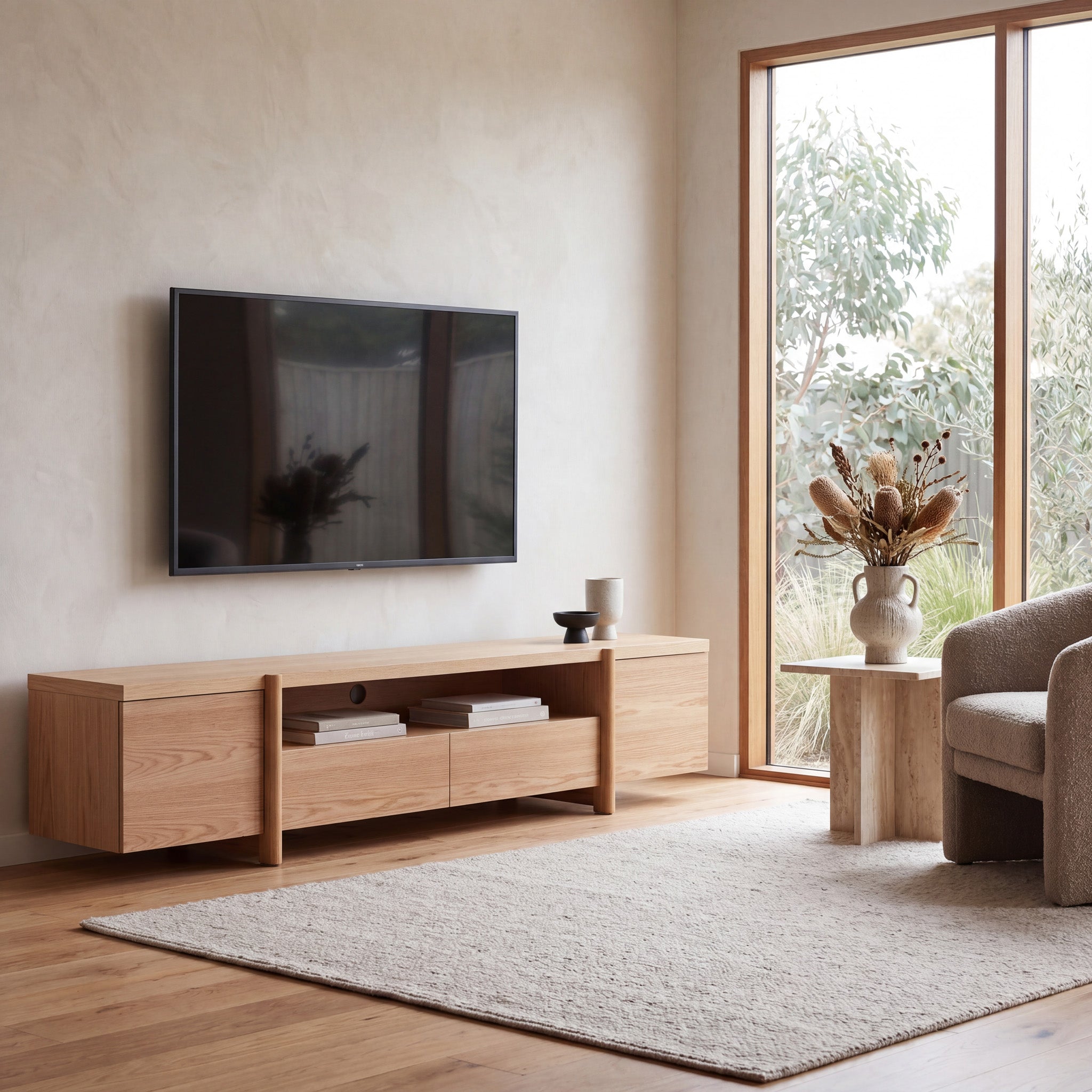 2.1m Entertainment TV Unit - Lowline - Full Natural - Timber Legs