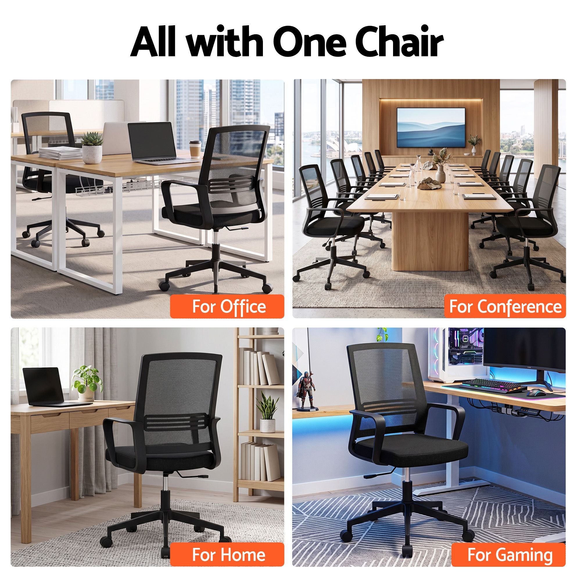 Artiss 2x Ergonomic Office Chair Mesh Mid Back Home Office Desk Chairs with Lumbar Support Black