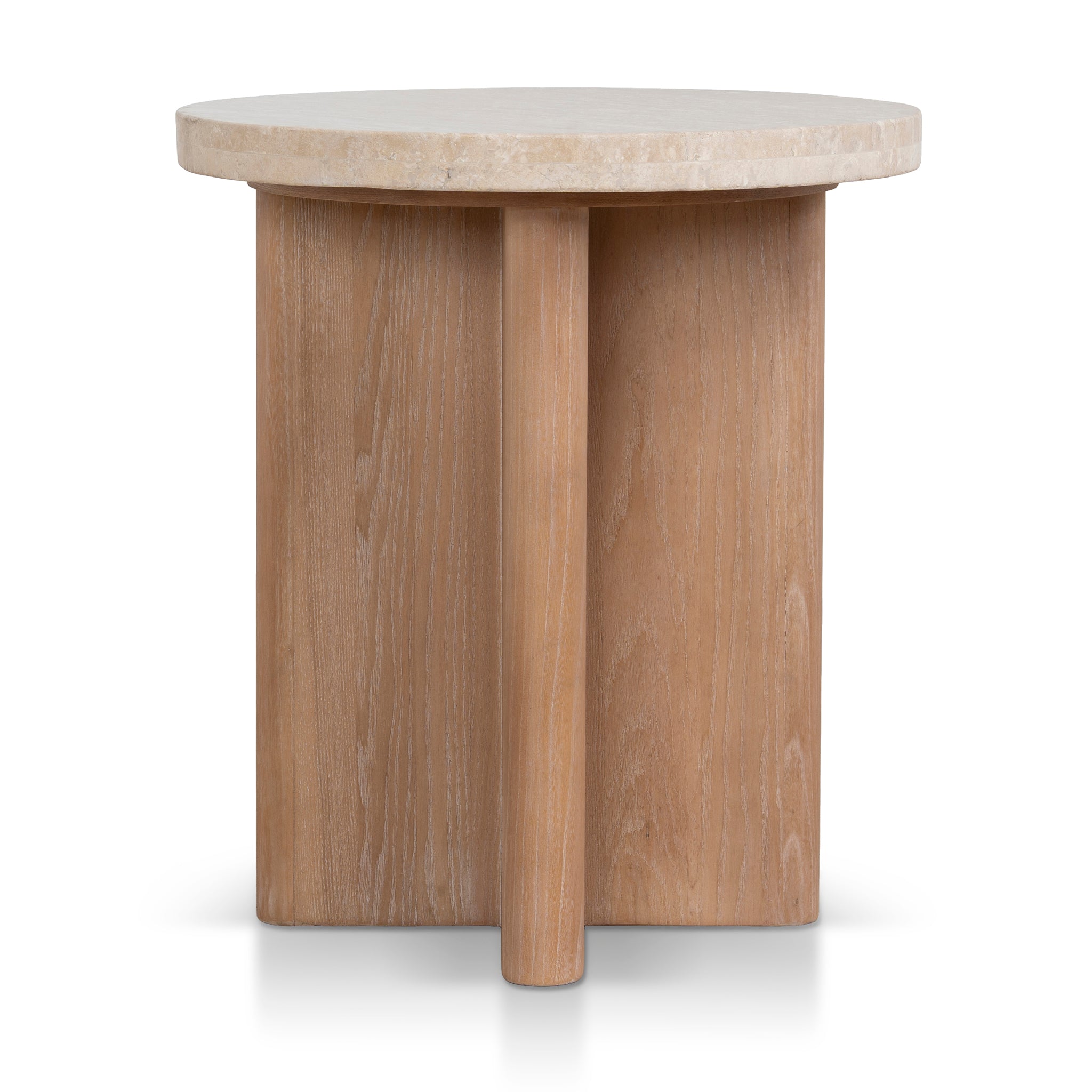 CST8665-NI Travertine Marble Round Side Table - Light Natural Elm