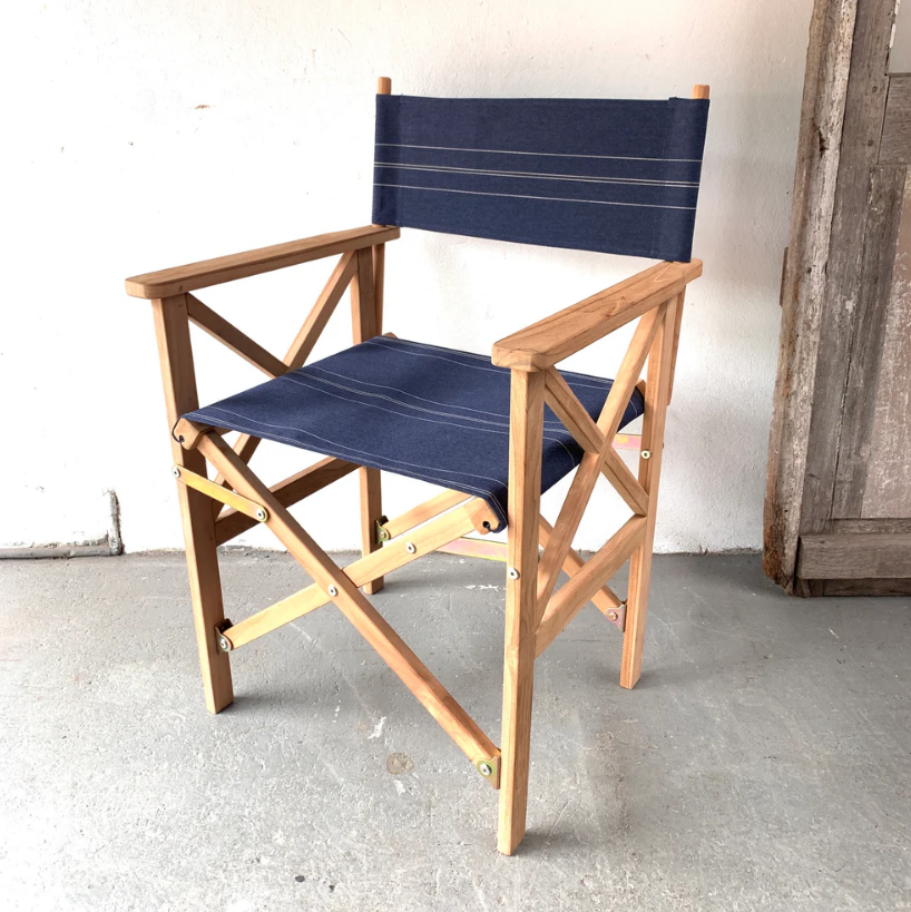 Director Chair Teak Synthetic Pin Stripe Denim