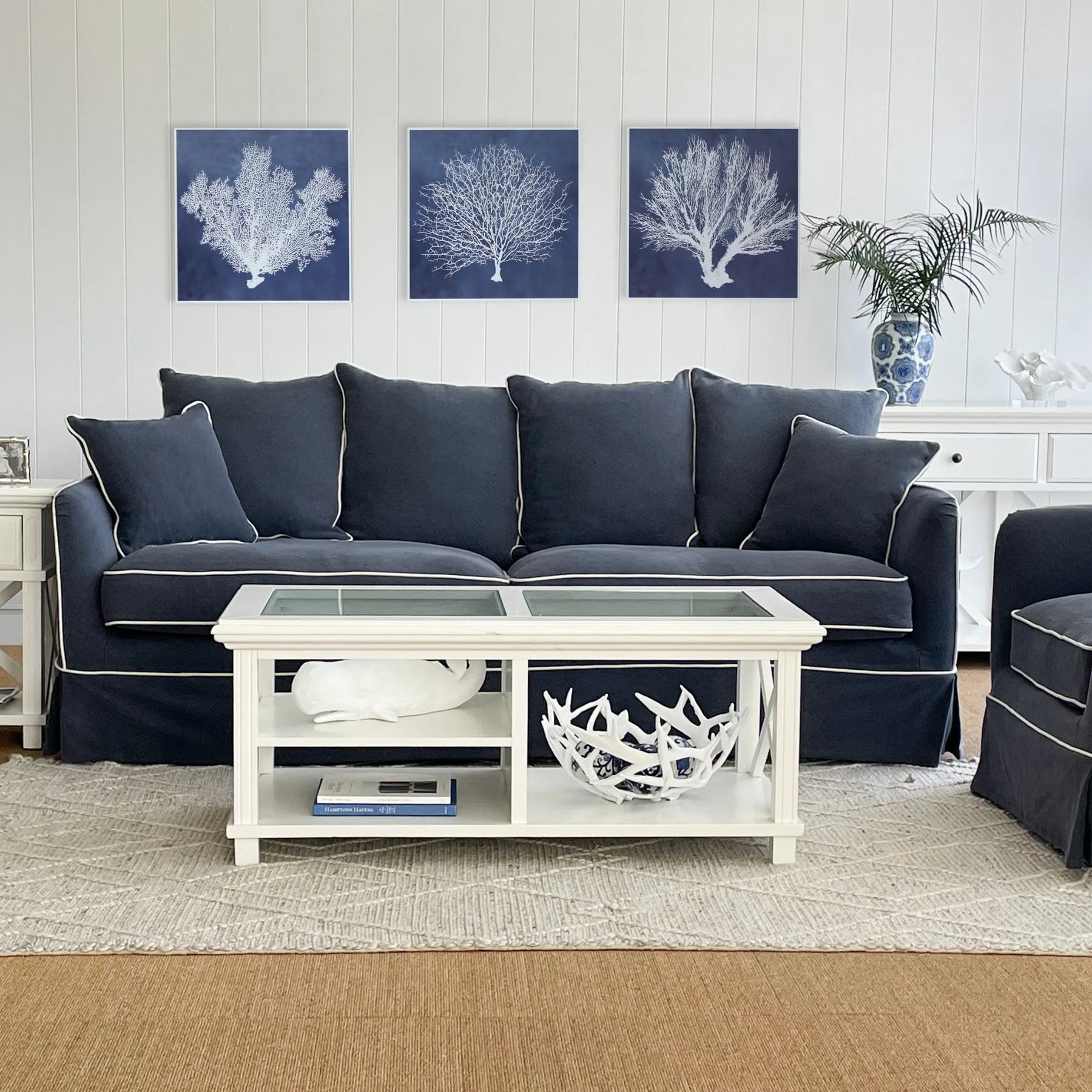 Noosa 3- Seater Sofa Navy With White Piping Linen Blend