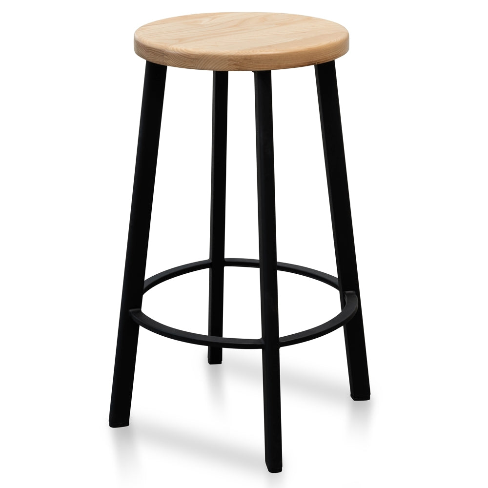 65cm Bar Stool -With Natural Timber Seat - Black Frame (Set of 2) - image 2
