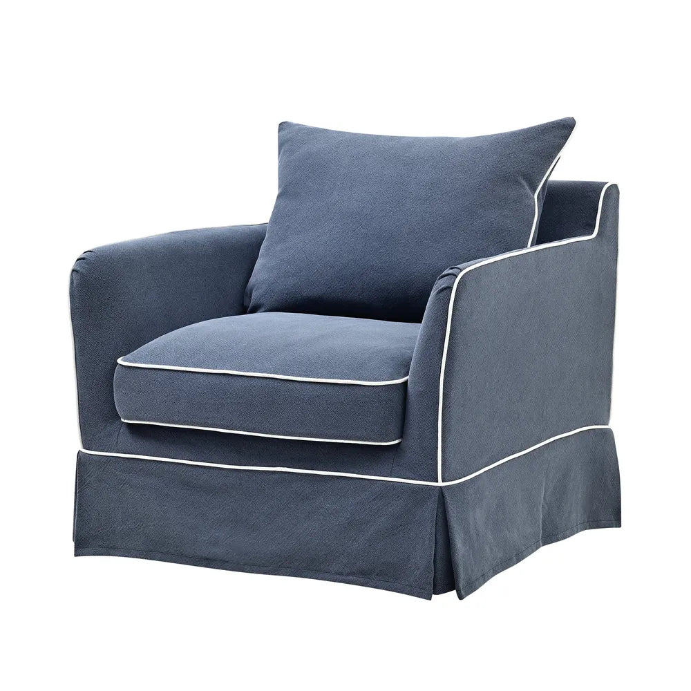 Noosa Armchair Navy With White Piping Linen Blend