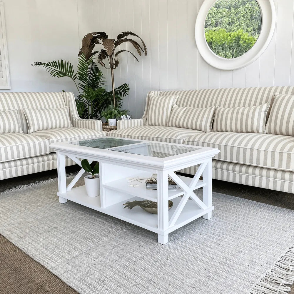 Bondi 2 Seater + 3 Seater Fabric Sofa With Natural Stripe And White Piping