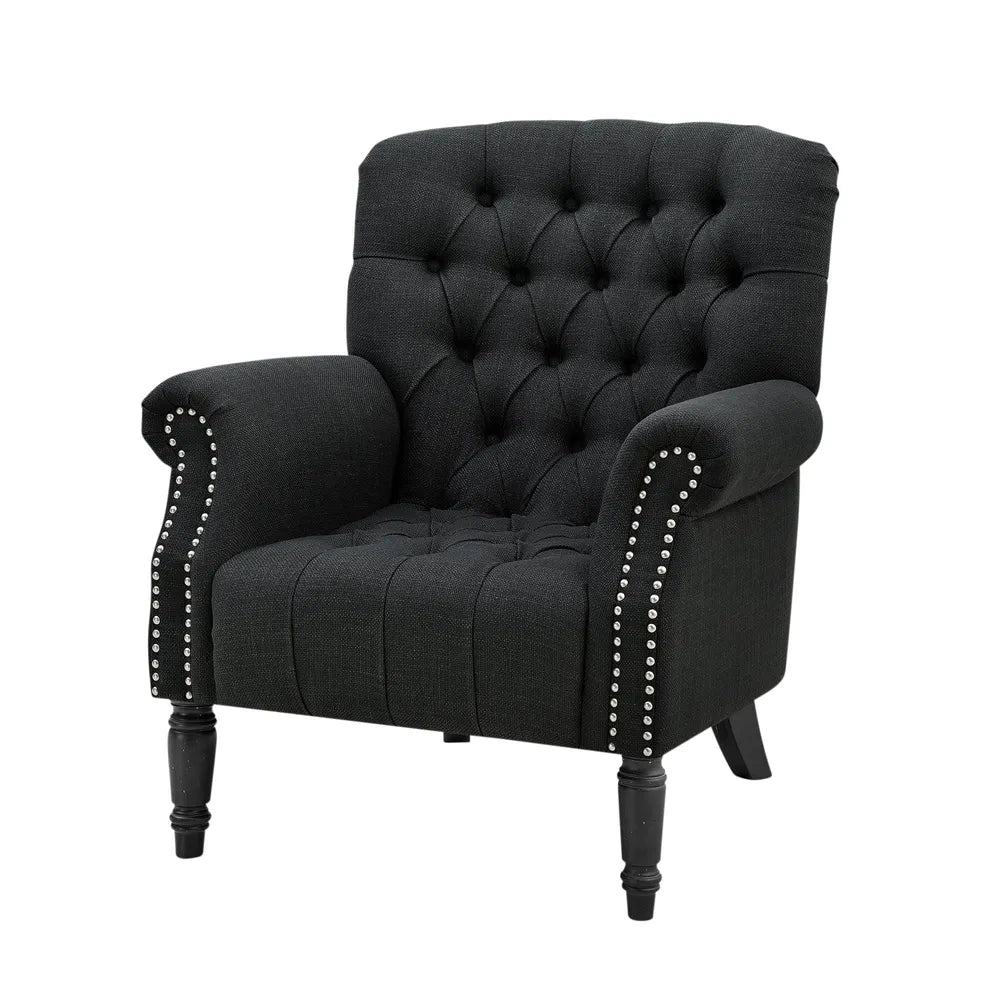 Maurice Hamptons Buttoned Fabric Armchair with Studs Linen Blend - Charcoal