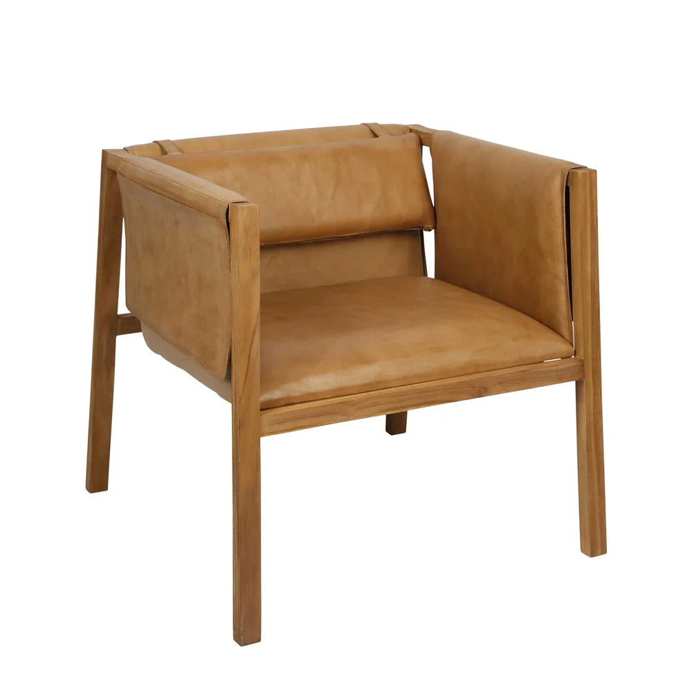 Zayne Leather & Teak Lounge Armchair - Toffee