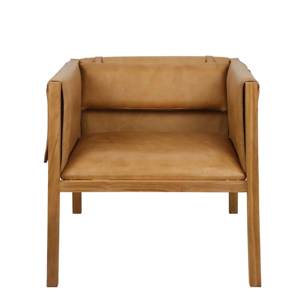 Zayne Leather & Teak Lounge Armchair - Toffee