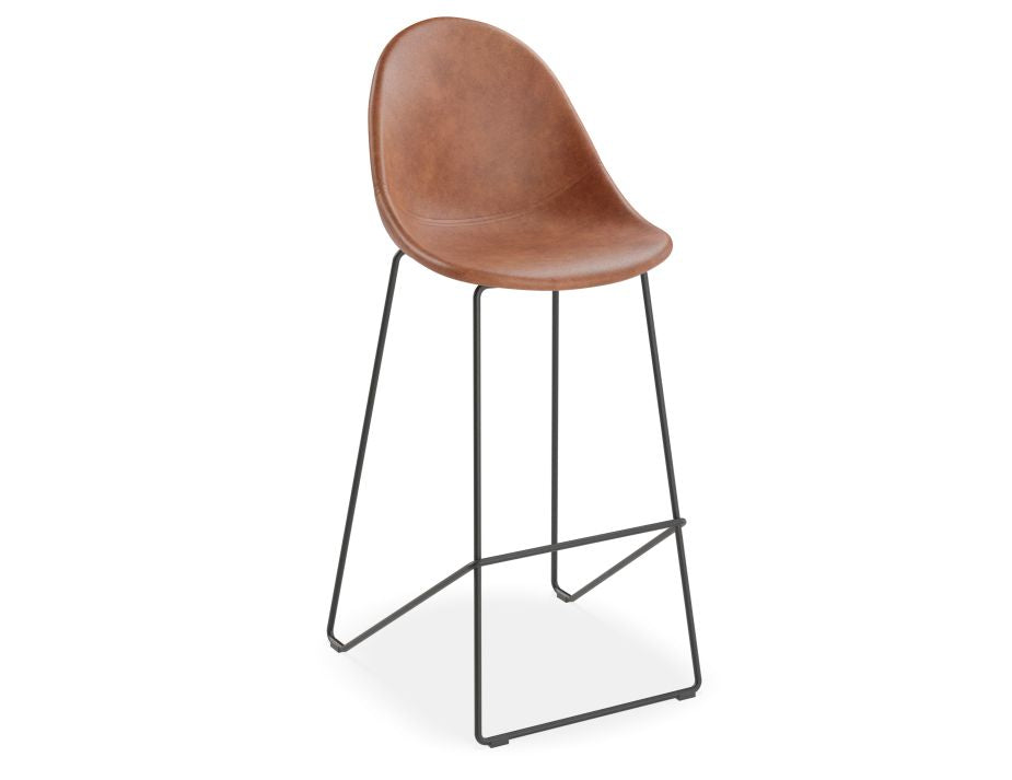 Pebble Stool Brown Upholstered Vintage Seat  - Bar Stool 75cm Seat - Black Base