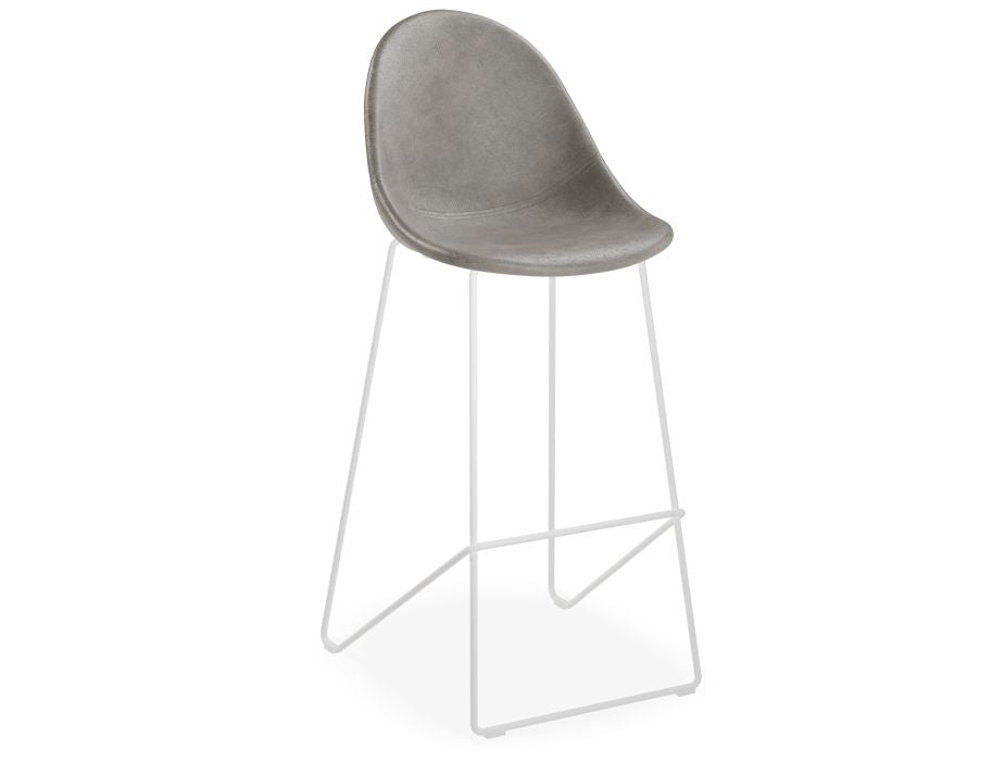 Pebble Stool Grey Upholstered Vintage Seat  - Bar Stool 75cm Seat - White Base