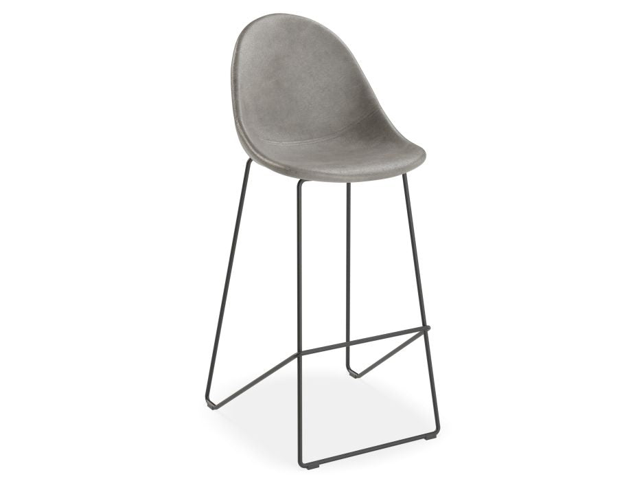 Pebble Stool Grey Upholstered Vintage Seat  - Bar Stool 75cm Seat - Black Base