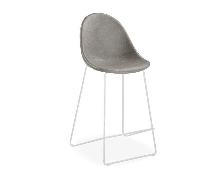 Pebble Stool Grey Upholstered Vintage Seat  - Counter Stool 65cm Seat - White Base