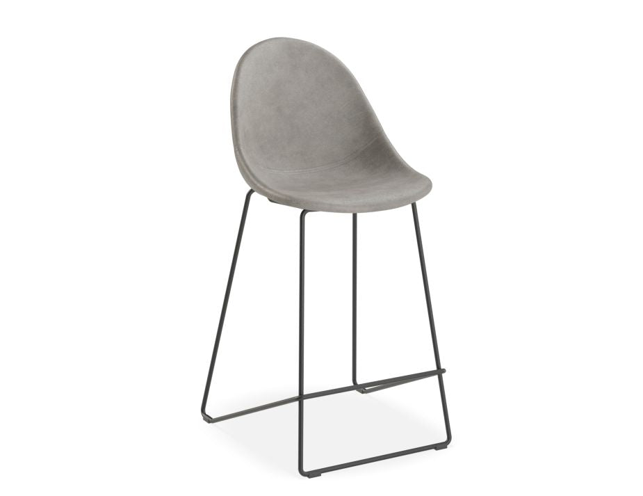 Pebble Stool Grey Upholstered Vintage Seat  - Counter Stool 65cm Seat - Black Base