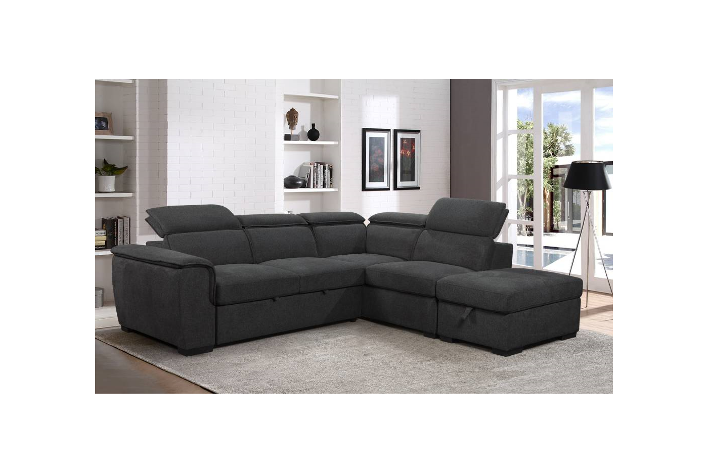 Pico Rivera Fabric Sofa Bed With Chaise - Dark Grey