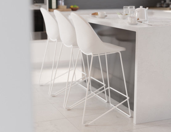 Pebble Stool White Upholstered Seat  - Counter Stool 65cm Seat - White Base