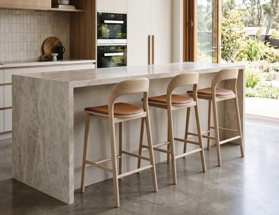Mia Stool - Natural with Pad - 66cm Seat Height White Vegan Leather Seat Pad