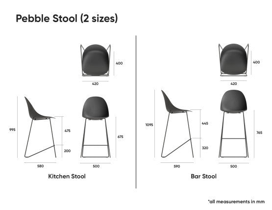 Pebble Black Stool Shell Seat - Counter Stool 75cm Seat