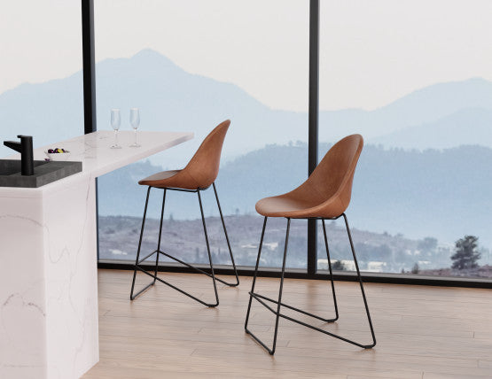 Pebble Stool Brown Upholstered Vintage Seat  - Bar Stool 75cm Seat - Black Base